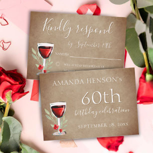 Rustic Red Wine Glass 60th Birthday Party RSVP Card