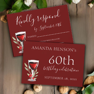 Rustic Red Wine Glass 60th Birthday Party  RSVP Card