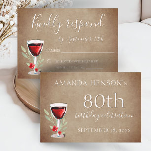 Rustic Red Wine Glass 80th Birthday Party  RSVP Card