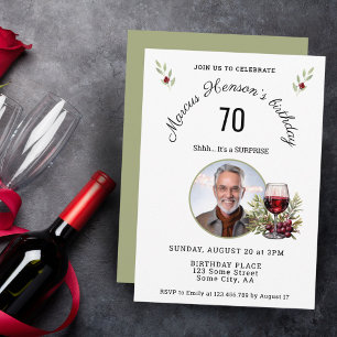 Rustic Red Wine Glass Olive 50th Birthday Photo Invitation