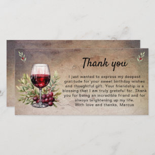 Rustic Red Wine Glass Olive Leaves Birthday Thank You Card