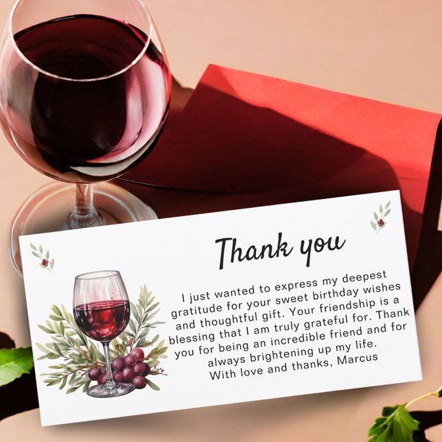 Rustic Red Wine Glass Olive Leaves Birthday Thank You Card (Creator Uploaded)