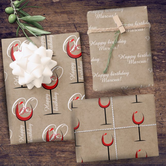 Rustic Red Wine Glass Script 60th Birthday Gift  Wrapping Paper Sheet (Creator Uploaded)