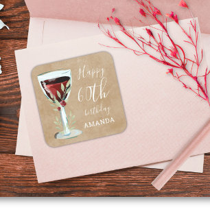 Rustic Red Wine Rose Watercolor 60th Birthday Square Sticker
