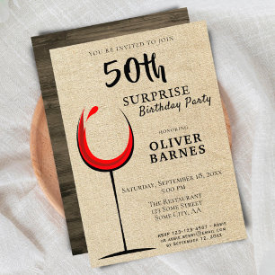 Rustic Red Wine Surprise 50th Birthday Party Invitation
