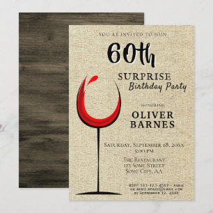 Rustic Red Wine Surprise 60th Birthday Party Invitation