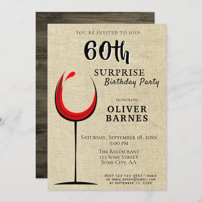 Rustic Red Wine Surprise 60th Birthday Party Invitation (Front/Back)