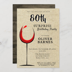 Rustic Red Wine Surprise 80th Birthday Party Invitation