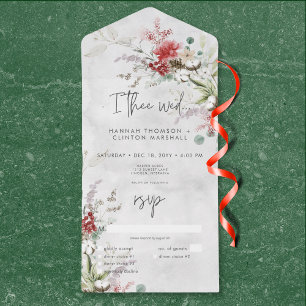 Rustic Red Winter Berries & Boho Cotton Dinner All In One Invitation