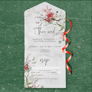 Rustic Red Winter Berries & Boho Cotton No Dinner All In One Invitation