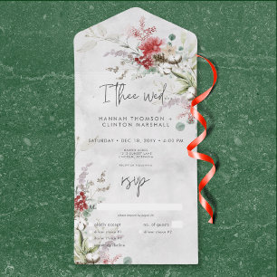 Rustic Red Winter Berries & Boho Cotton QR Code All In One Invitation