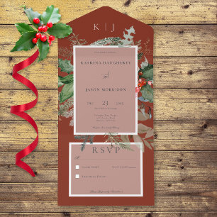 Rustic Red Winter Holly & Pine No Dinner All In One Invitation