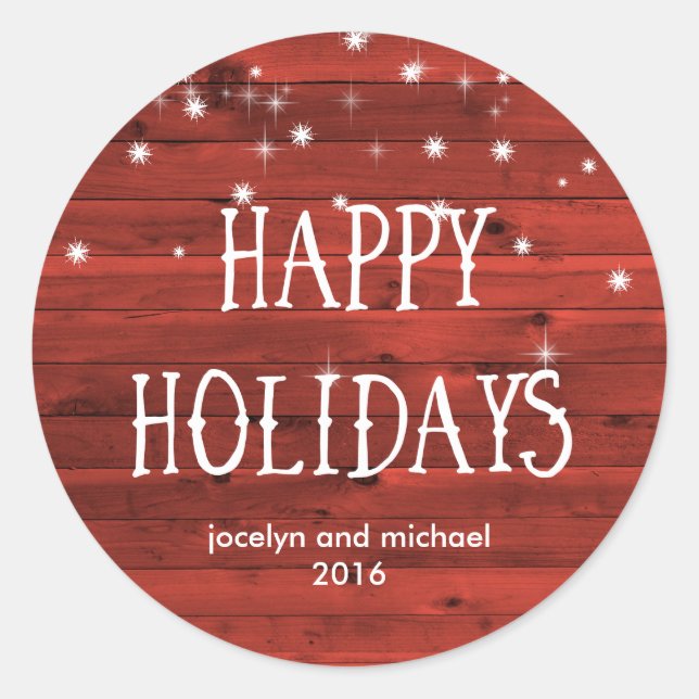 Rustic Red Wood and Snow | Happy Holidays Classic Round Sticker (Front)