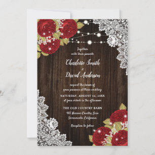 Rustic Red Wood Lace String Lights Wedding Invitation