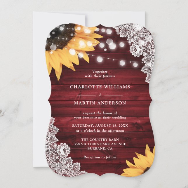 Rustic Red Wood Lace Sunflower Wedding Invitation (Front)