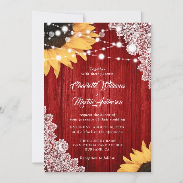 Rustic Red Wood Lace Sunflower Wedding Invitation (Front)