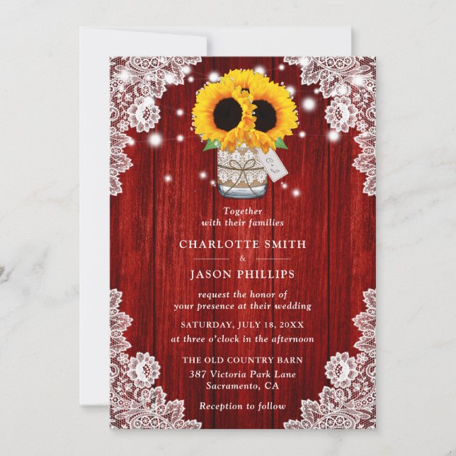 Rustic Red Wood Mason Jar Sunflower Wedding Invitation (Front)