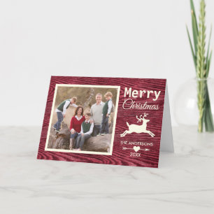 Rustic Red Wood Reindeer Christmas Family Photo Holiday Card