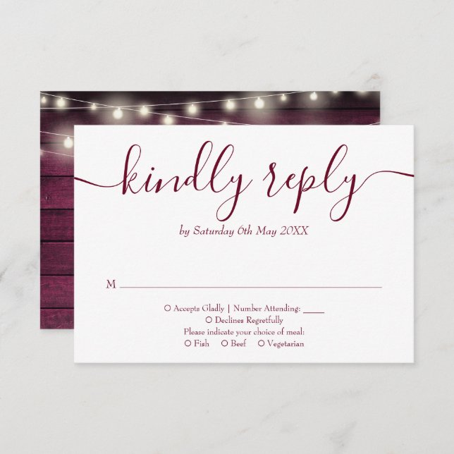 Rustic Red Wood String Lights Floral Script RSVP Card (Front/Back)