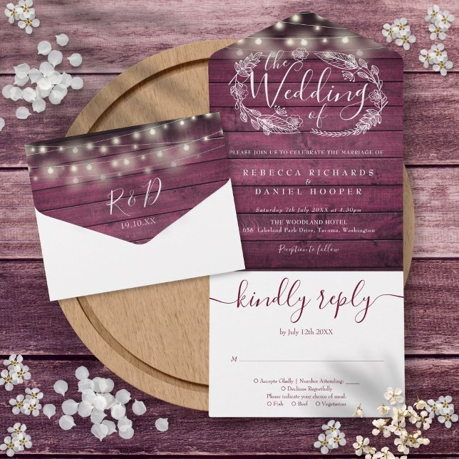 Rustic Red Wood String Lights Floral Wedding All In One Invitation (Rustic Red Wood String Lights Floral Wedding All In One Invitation)