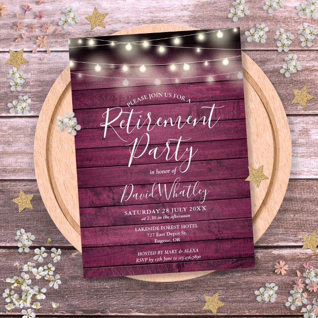 Rustic Red Wood String Lights Retirement Party Invitation (Rustic Red Wood String Lights Retirement Party Invitation)