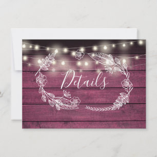 Rustic Red Wood String Lights Wedding Details Card
