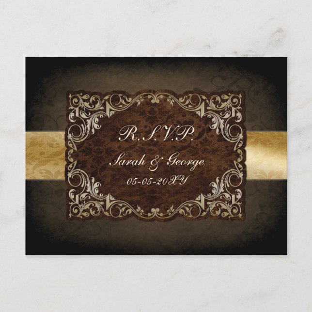 Rustic Regal Ornamental Brown And Gold Wedding Invitation Postcard (Front)