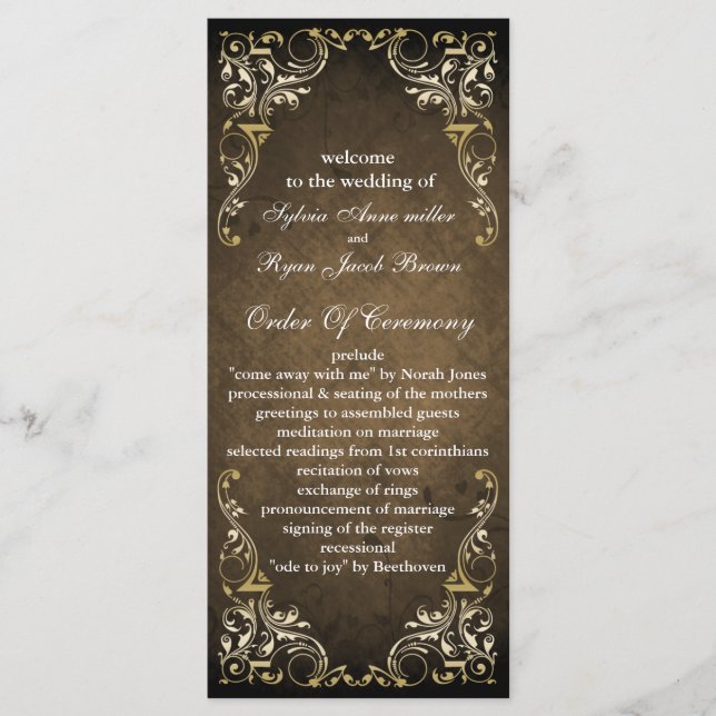 Rustic Regal Ornamental Brown And Gold Wedding Program (Front)