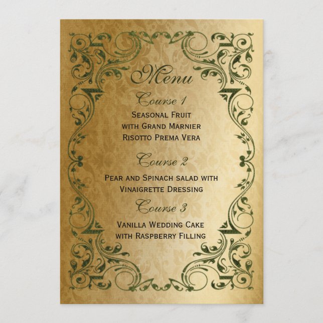 Rustic Regal Ornamental Green And Gold Wedding Menu (Front)