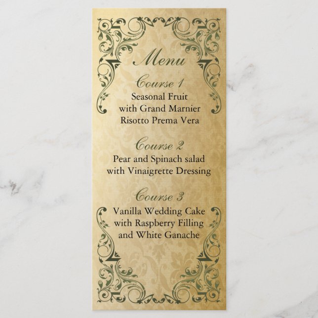Rustic Regal Ornamental Green And Gold Wedding Menu (Front)