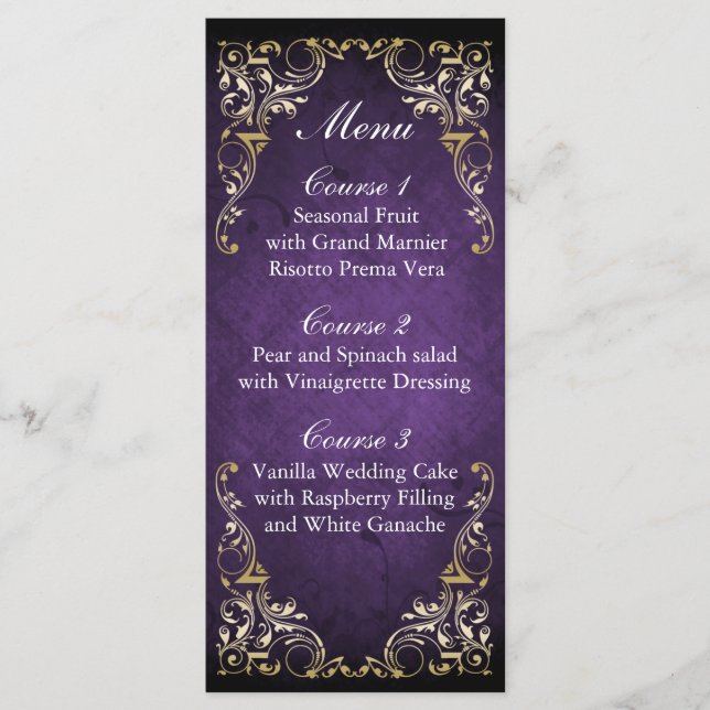 Rustic Regal Ornamental Purple And Gold Wedding Menu (Front)