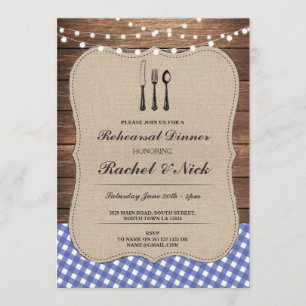 Rustic Rehearsal Dinner Cutlery Blue Check Invite