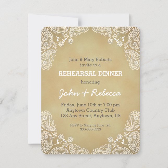 Rustic Rehearsal Dinner Invite, White Paisley Invitation (Front)