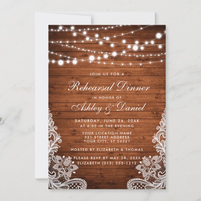 Rustic Rehearsal Dinner Wood String Lights Lace Invitation (Front)