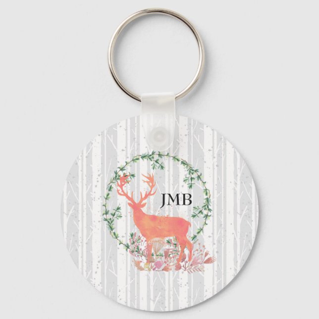 Rustic Reindeer Boho Watercolor Custom Monogram Key Ring (Front)