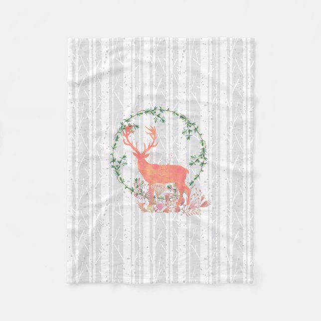 Rustic Reindeer Boho Watercolor Fleece Blanket (Front)