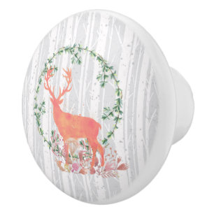 Rustic Reindeer Boho Wreath Watercolor Ceramic Knob