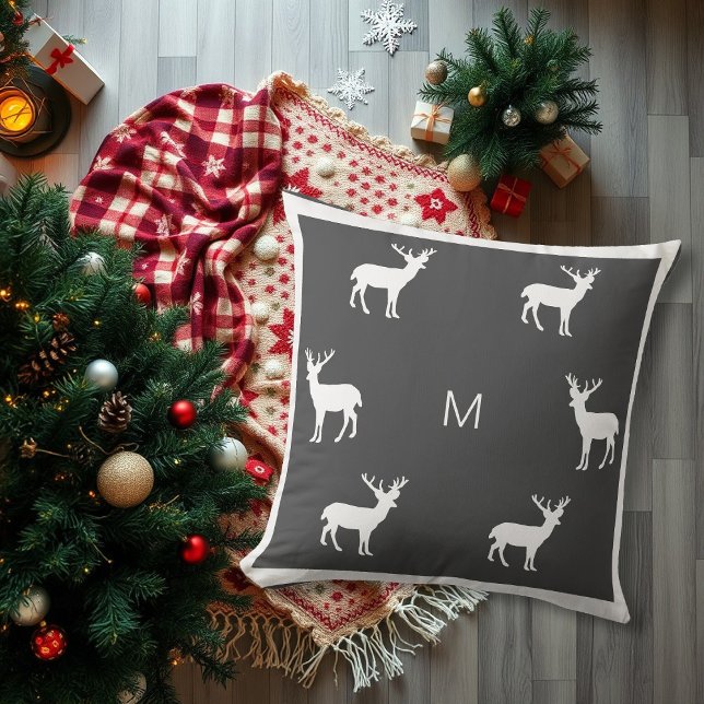 Rustic reindeer dark gray family monogram holiday cushion (Rustic reindeer dark gray family monogram holiday throw pillow.)