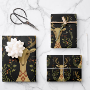 Rustic Reindeer Folk Art Vintage Wrapping Paper Sh