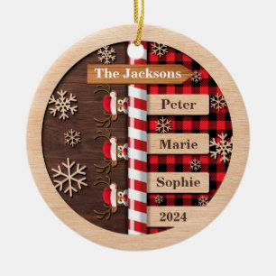Rustic Reindeer Plaid Family Christmas Ceramic Ornament
