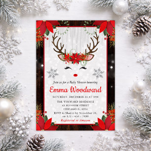 Rustic Reindeer & Poinsettia Christmas Baby Shower Invitation