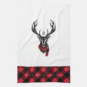 Rustic Reindeer Red Buffalo Plaid Family Monogram Tea Towel