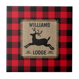 Rustic Reindeer Red Buffalo Plaid Family Name Ceramic Tile