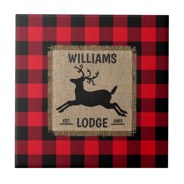 Rustic Reindeer Red Buffalo Plaid Family Name Ceramic Tile (Front)