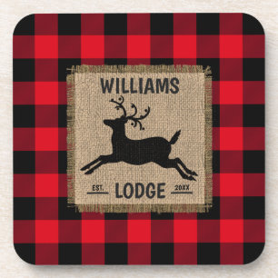 Rustic Reindeer Red Buffalo Plaid Family Name Coaster