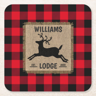 Rustic Reindeer Red Buffalo Plaid Family Name Square Paper Coaster