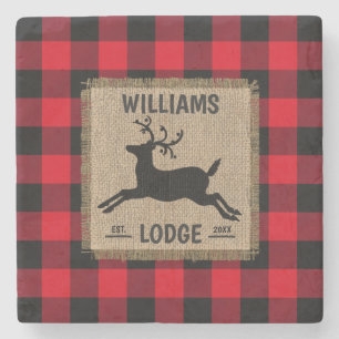 Rustic Reindeer Red Buffalo Plaid Family Name Stone Coaster