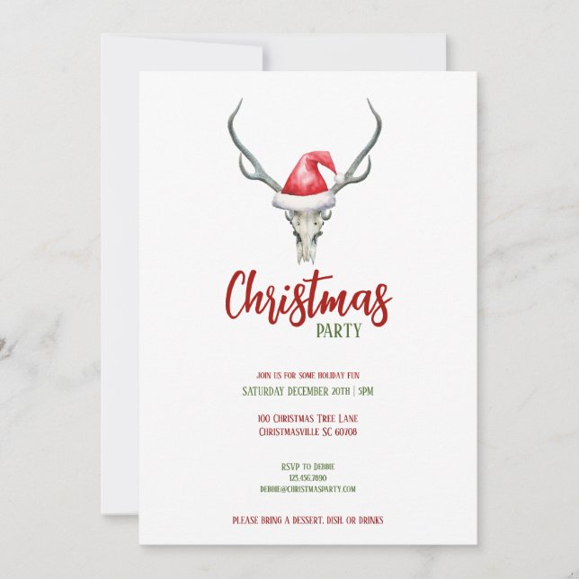 Rustic Reindeer Skull Santa Hat Christmas Party Holiday Card (Front)