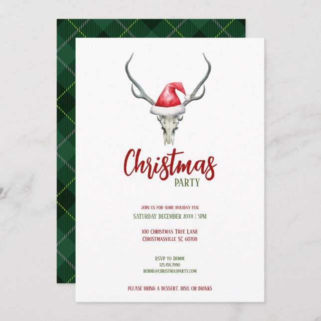 Rustic Reindeer Skull Santa Hat Christmas Party Holiday Card (Front/Back)