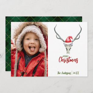 Rustic Reindeer Skull with Plaid Christmas Photo Holiday Card